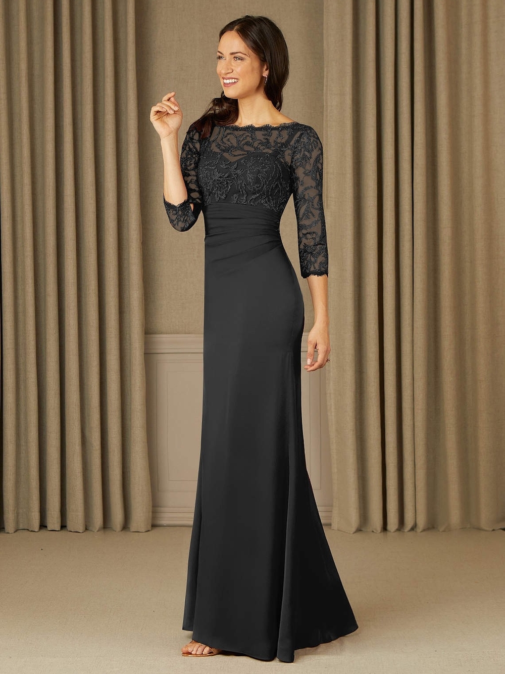 Azazie Black Lace Bodice Long Sleeve Evening Dress